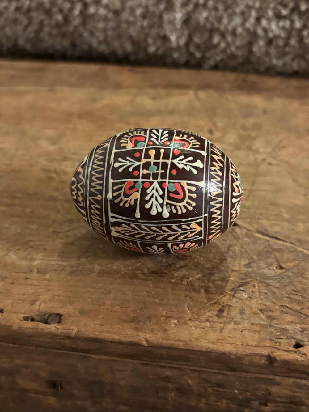 Hand-Painted Decorative Wooden Egg in Dark Brown and Ivory